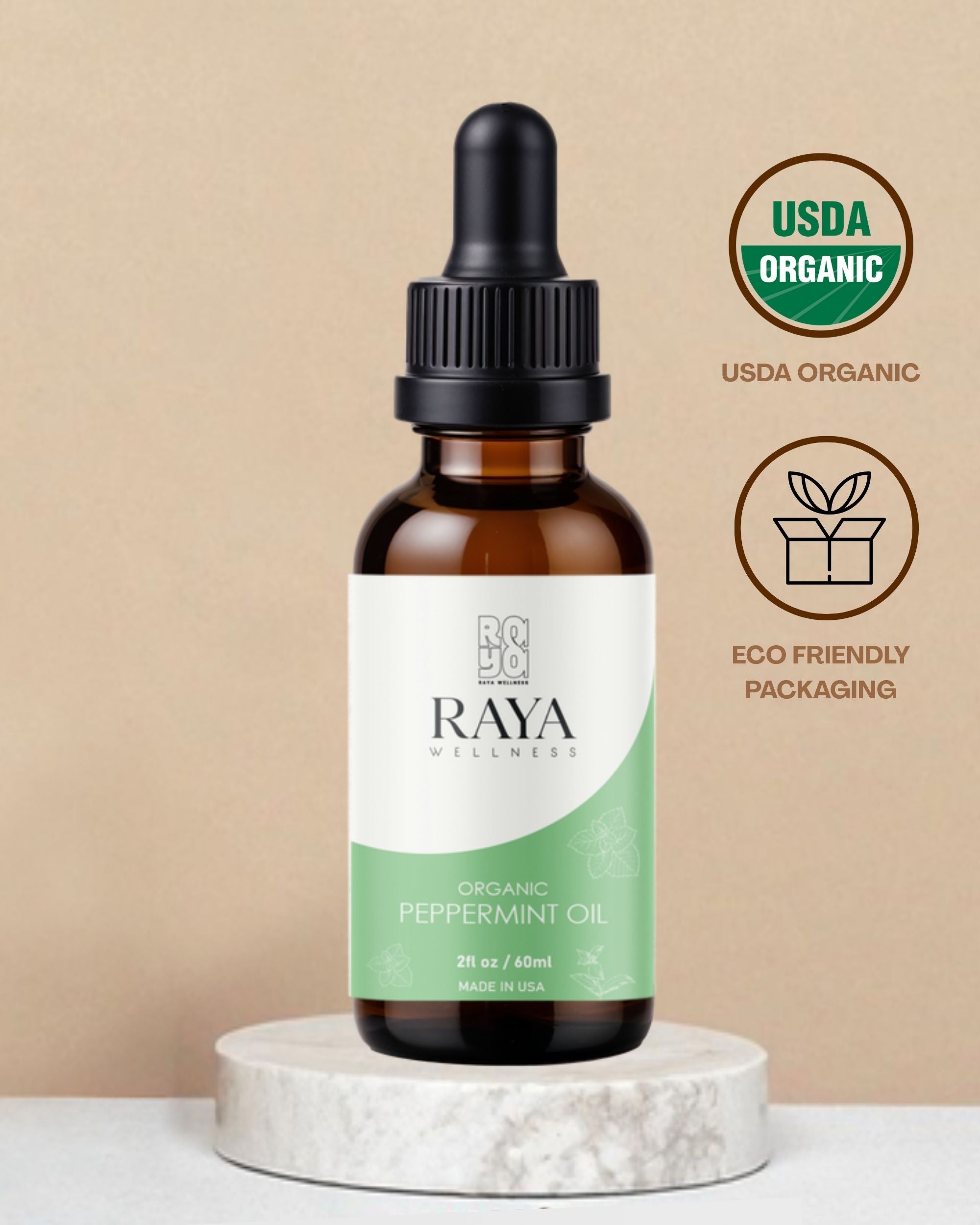 Raya Wellness Organic Peppermint Essential Oil – 2 fl oz (60 ml) | Steam-Distilled, Cooling Aroma | USDA