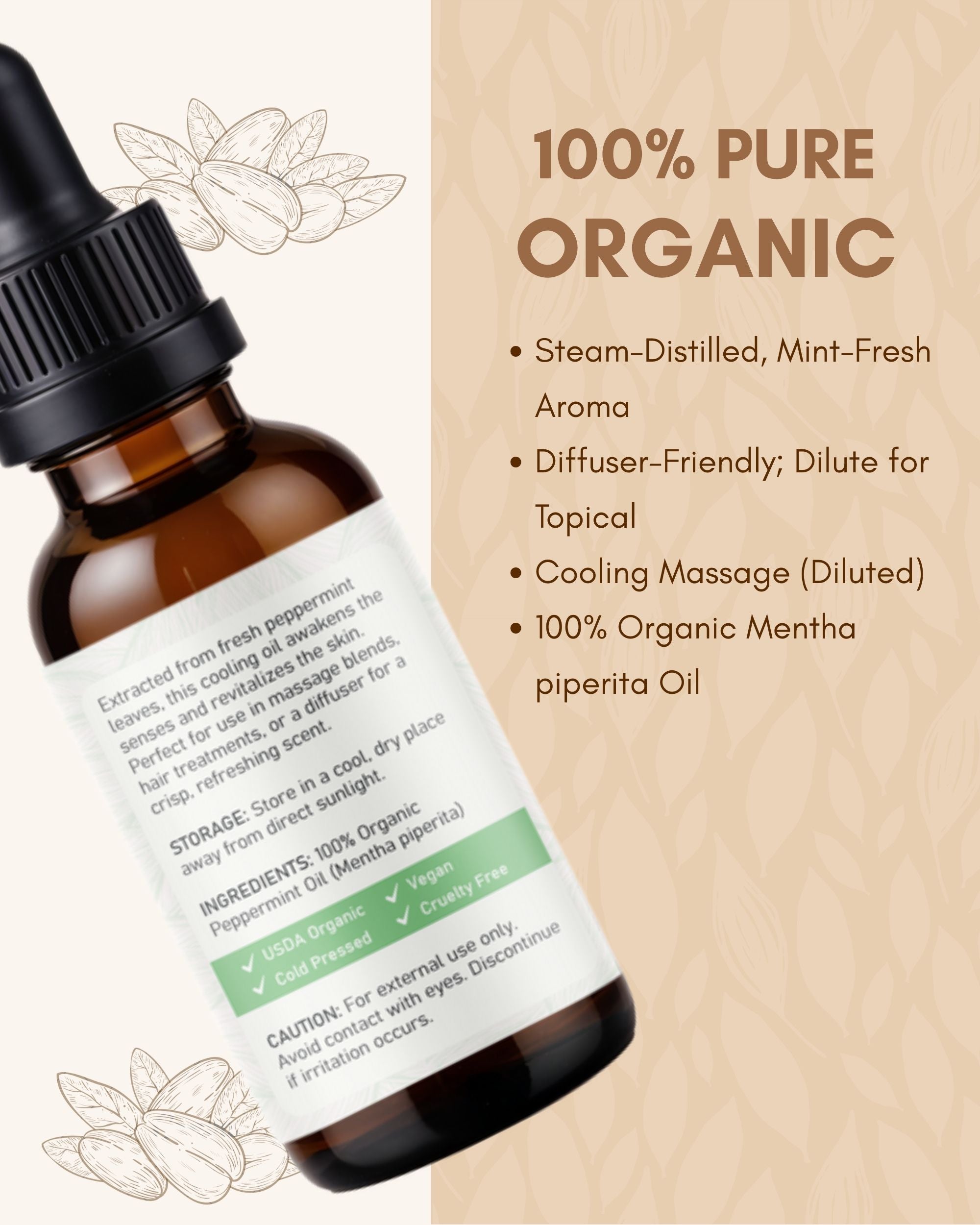 Raya Wellness Organic Peppermint Essential Oil – 2 fl oz (60 ml) | Steam-Distilled, Cooling Aroma | USDA