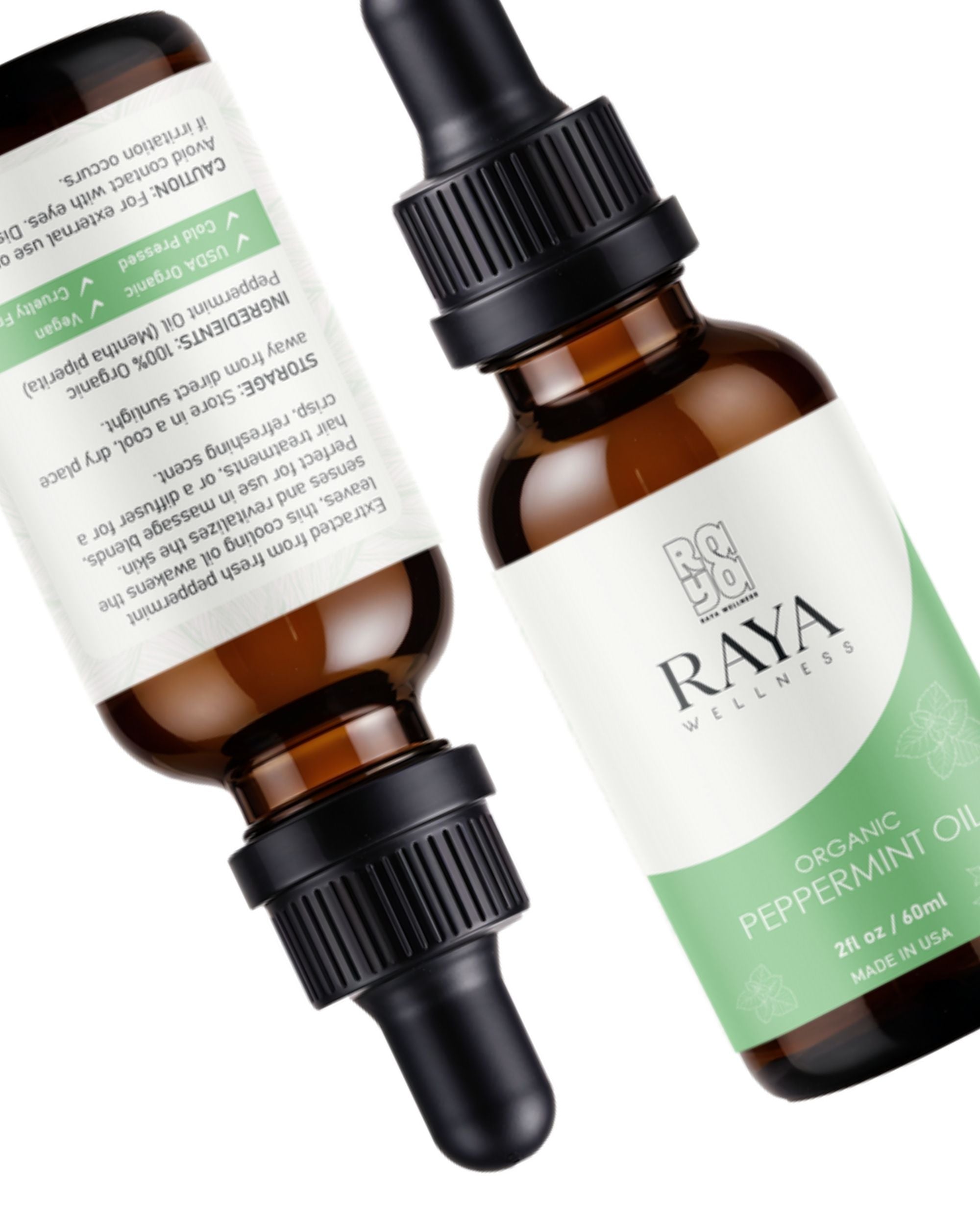 Raya Wellness Organic Peppermint Essential Oil – 2 fl oz (60 ml) | Steam-Distilled, Cooling Aroma | USDA