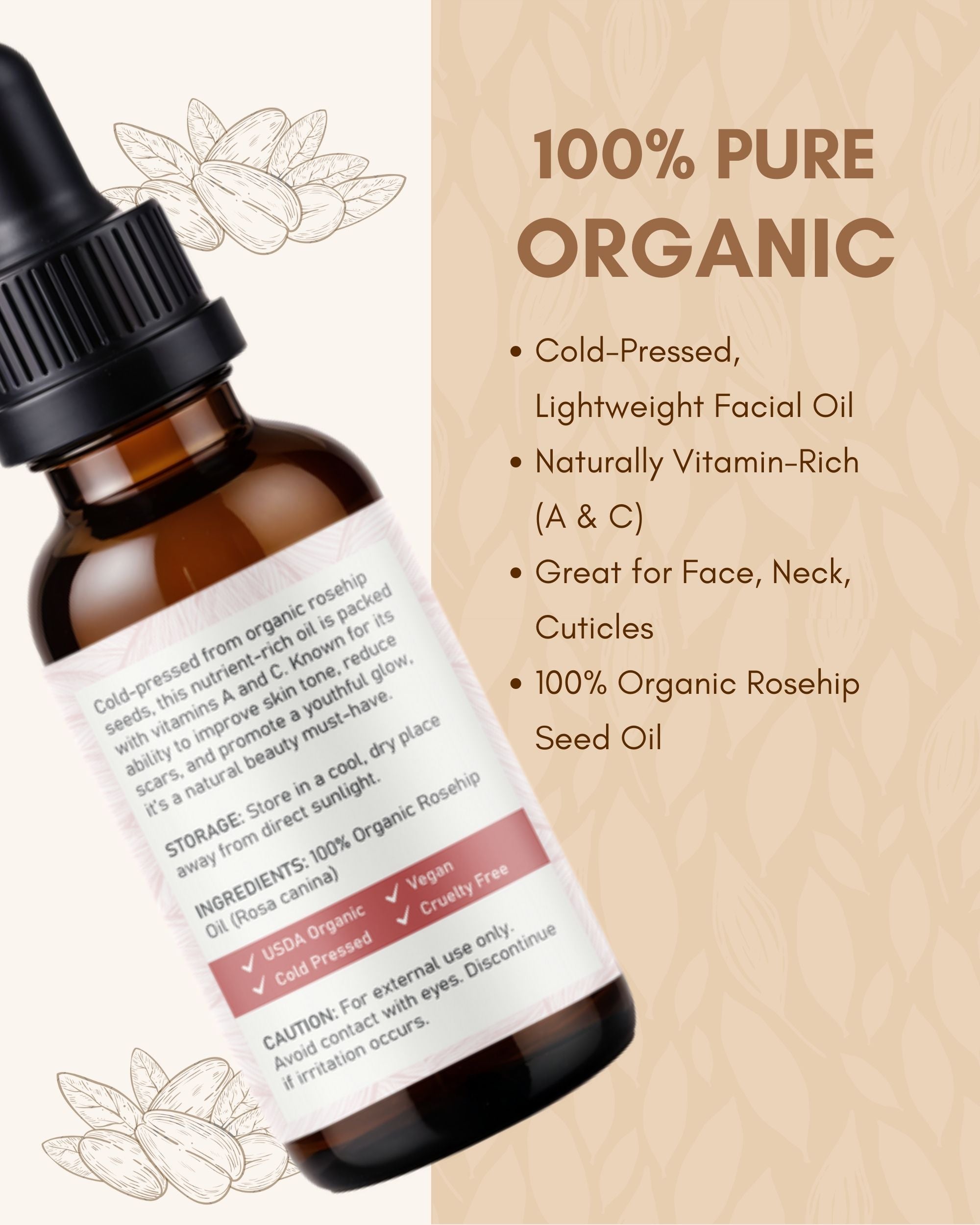 Raya Wellness Organic Rosehip Seed Oil – 2 fl oz (60 ml) | Cold-Pressed Facial Oil | USDA Organic