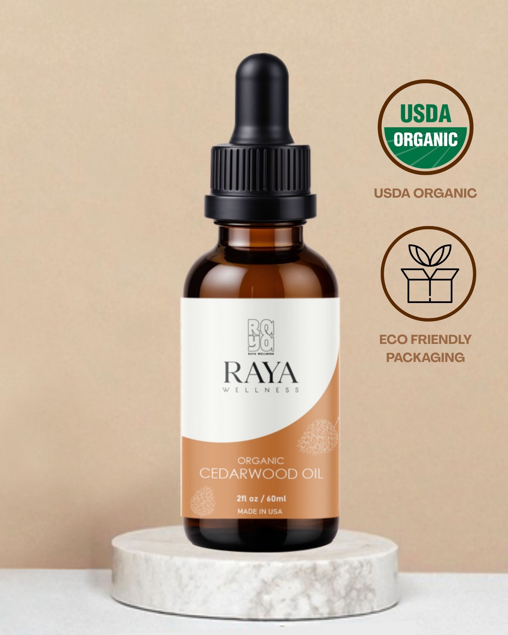Raya Wellness Organic Cedarwood Essential Oil – 2 fl oz (60 ml) | Steam-Distilled, Warm & Woody | USDA Organic