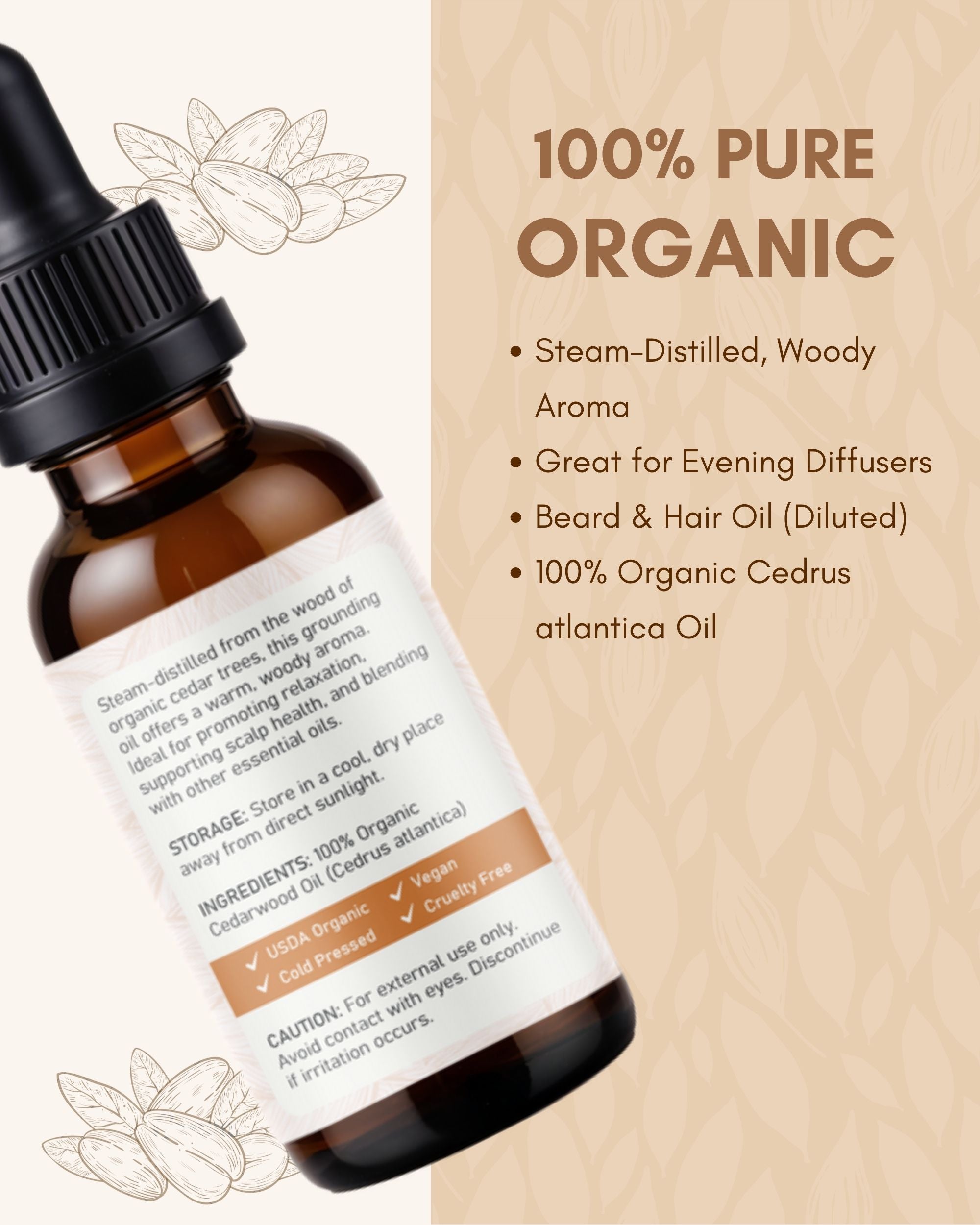 Raya Wellness Organic Cedarwood Essential Oil – 2 fl oz (60 ml) | Steam-Distilled, Warm & Woody | USDA Organic