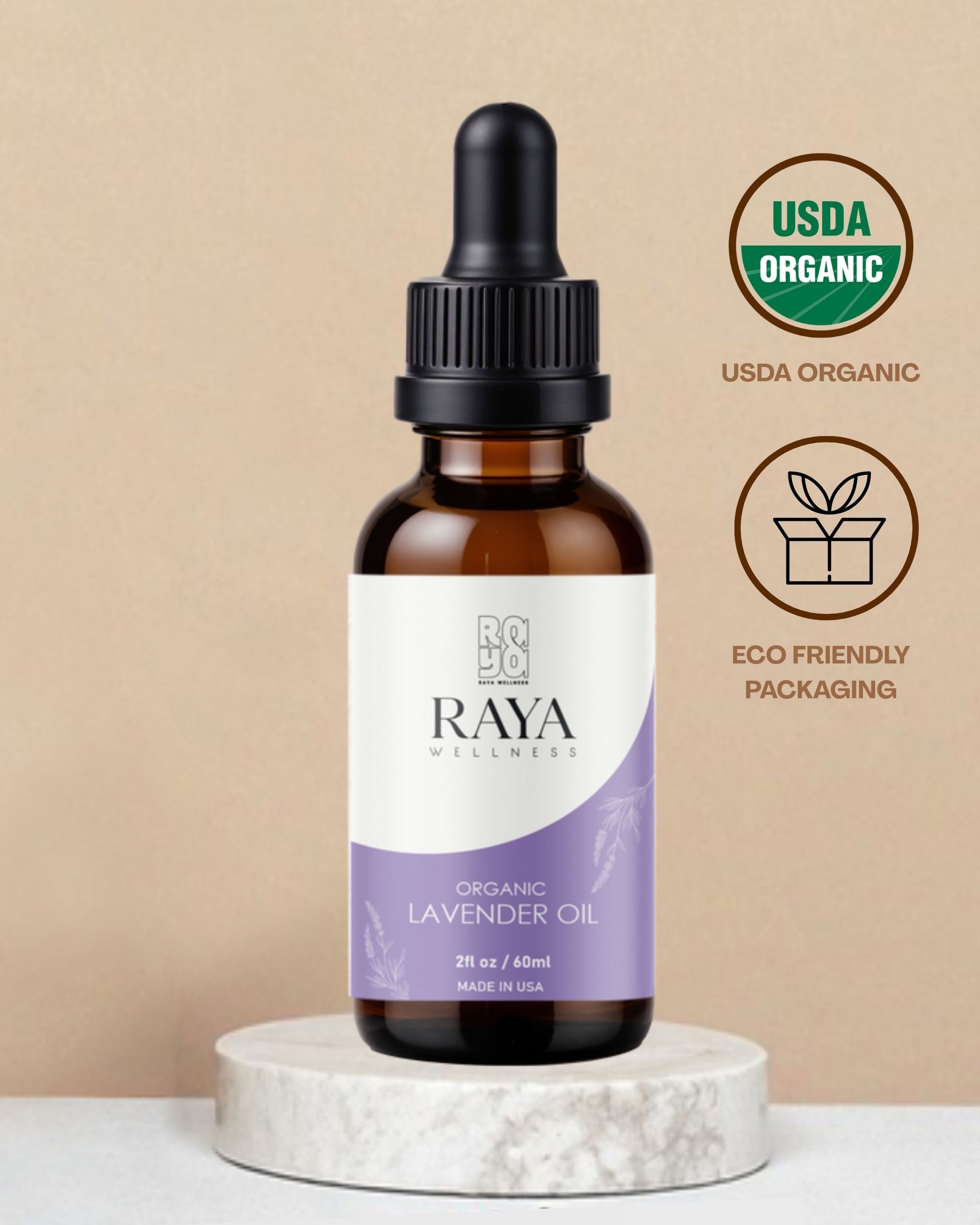 Raya Wellness Organic Lavender Essential Oil – 2 fl oz (60 ml) | Steam-Distilled, Calming Aromatherapy | USDA Organic