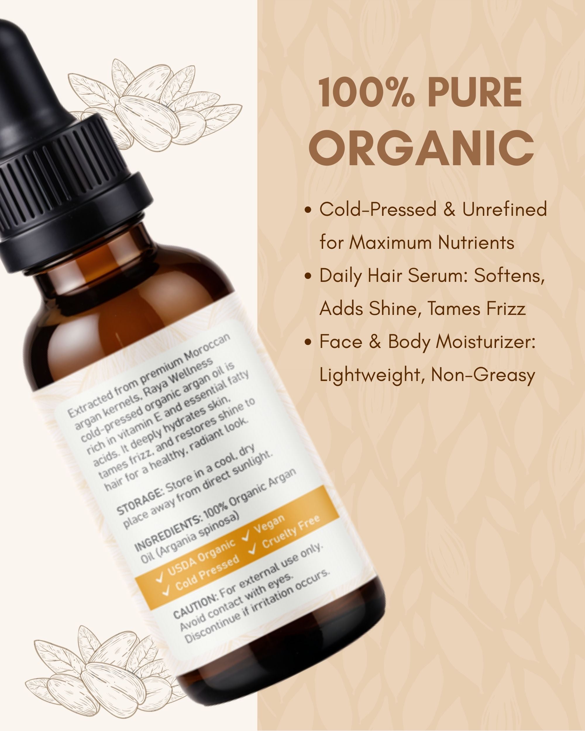 Raya Wellness Organic Argan Oil – 2 fl oz (60 ml) | Cold-Pressed Carrier Oil for Hair & Skin | USDA Organic, Made in USA