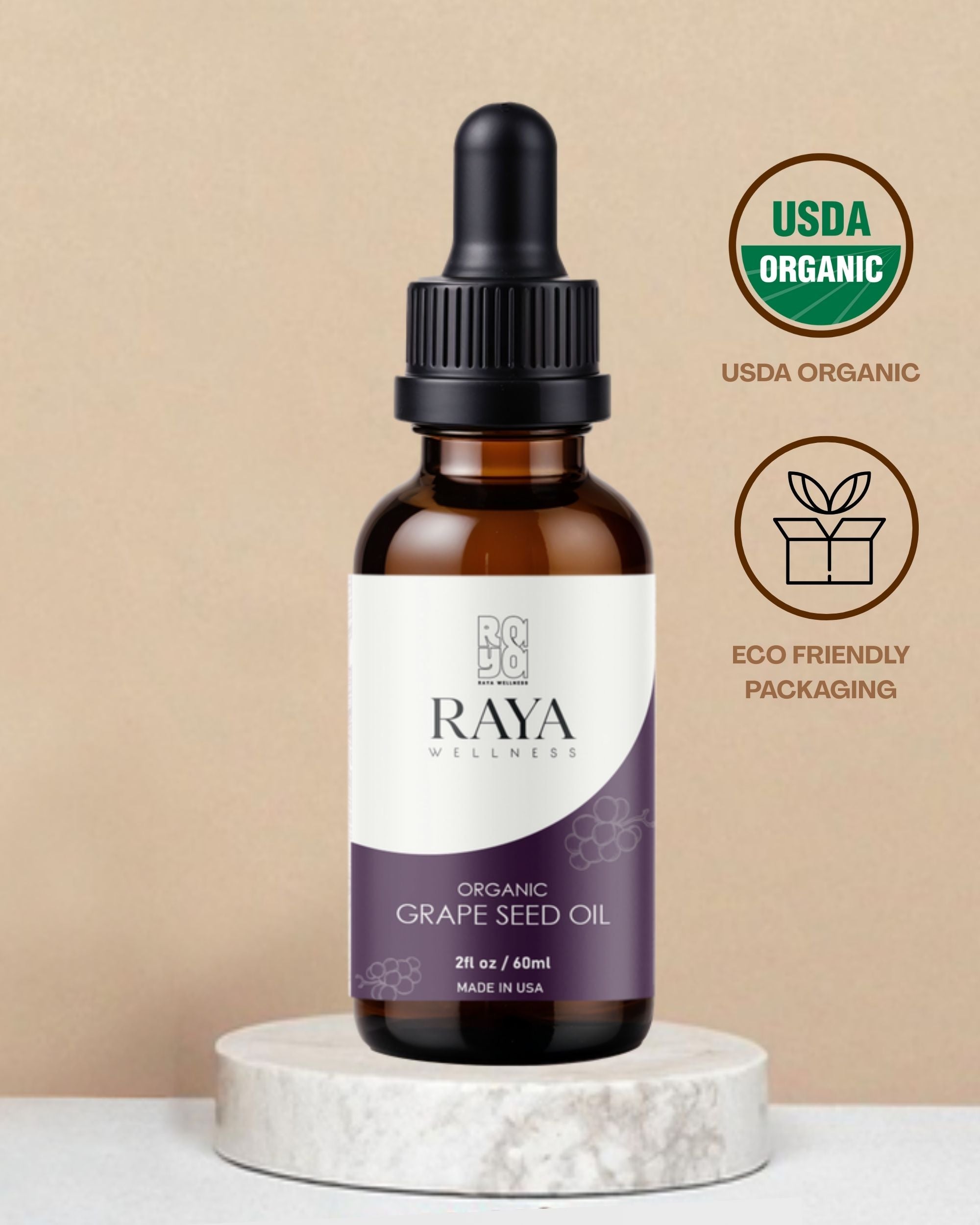 Raya Wellness Organic Grapeseed Oil – 2 fl oz (60 ml) | Lightweight Carrier Oil for Face, Body & Massage | USDA Organic