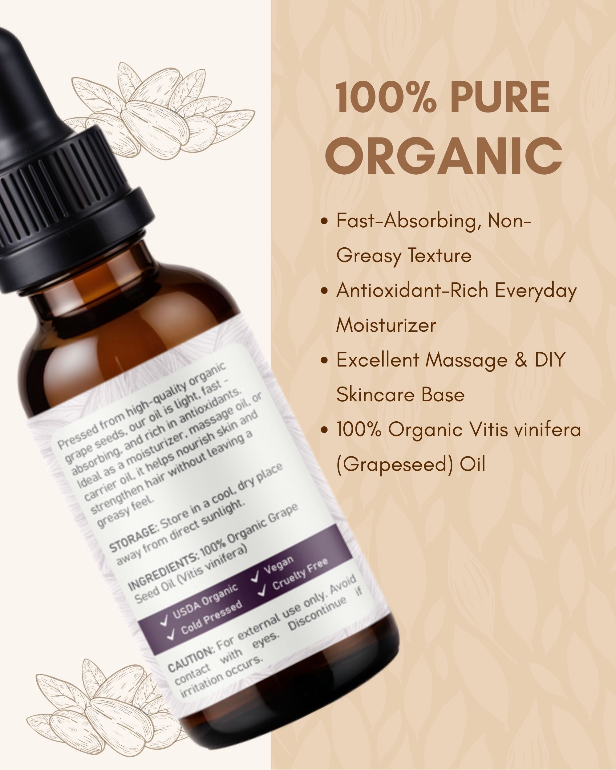 Raya Wellness Organic Grapeseed Oil – 2 fl oz (60 ml) | Lightweight Carrier Oil for Face, Body & Massage | USDA Organic