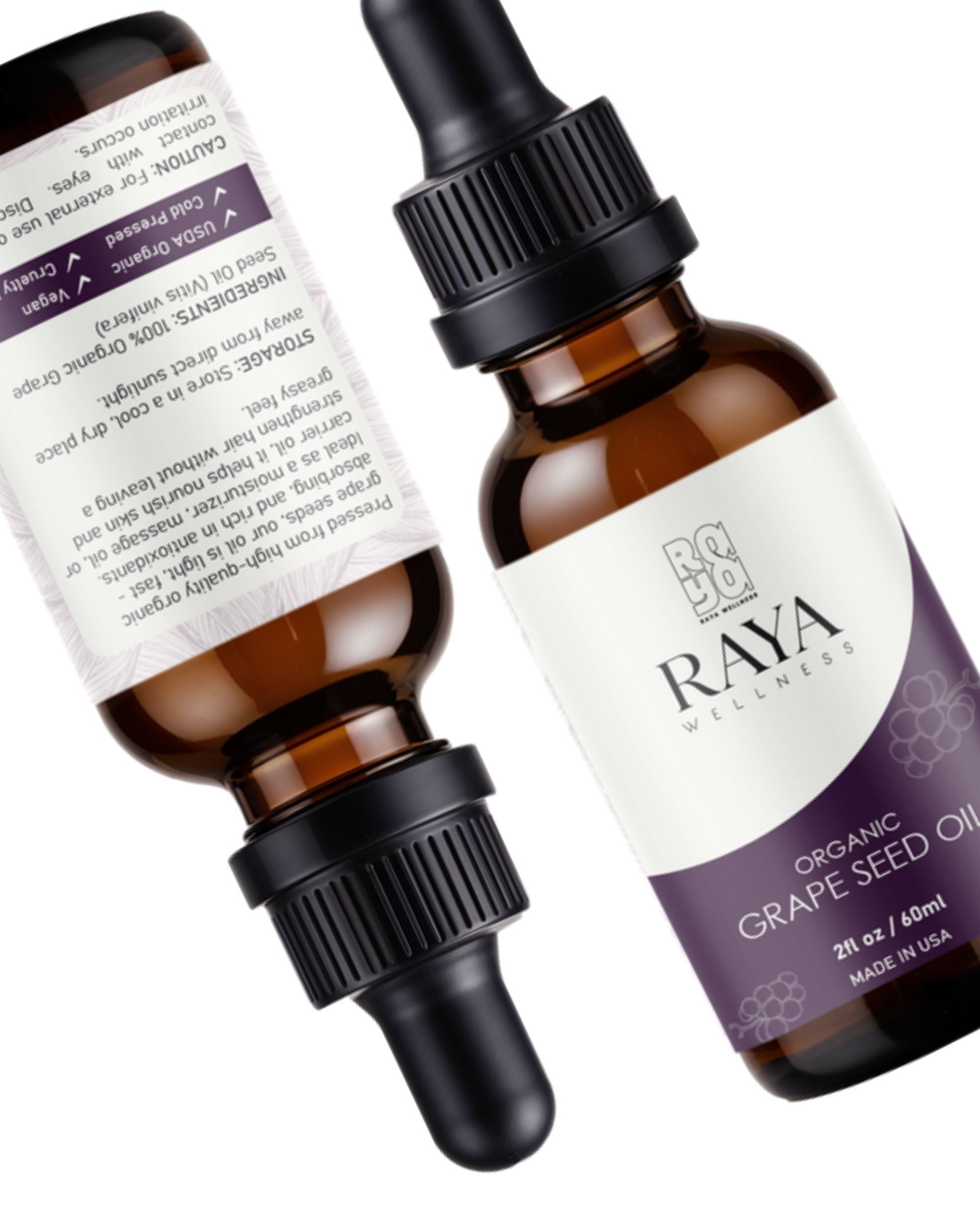 Raya Wellness Organic Grapeseed Oil – 2 fl oz (60 ml) | Lightweight Carrier Oil for Face, Body & Massage | USDA Organic