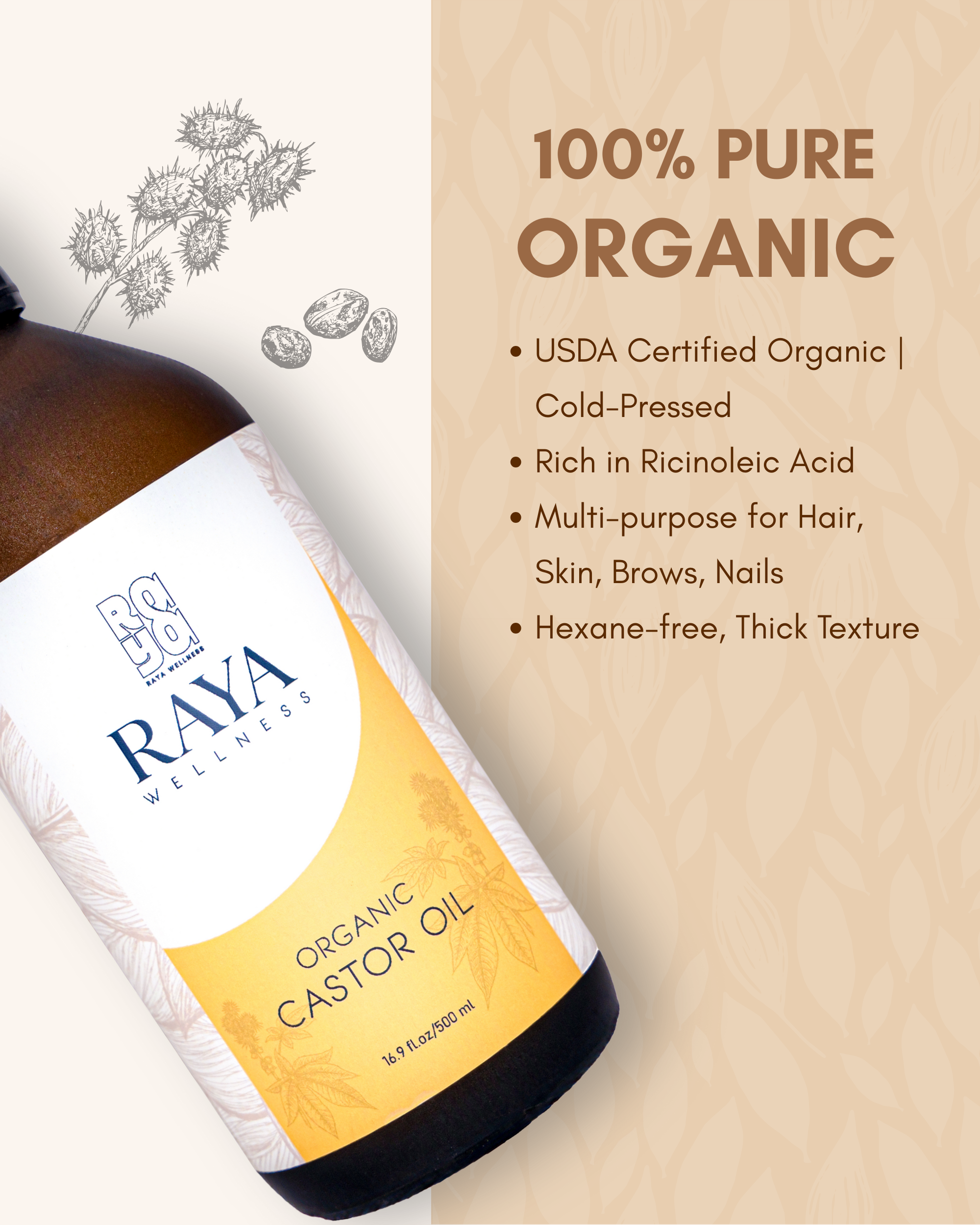 Pure Organic Castor Oil 100ml - Cold-Pressed Ricinus Communis Oil for Hair Growth & Skin Nourishment