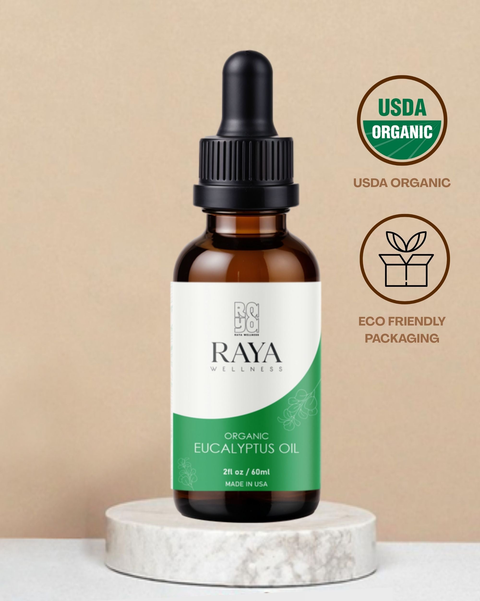 Raya Wellness Organic Eucalyptus Essential Oil – 2 fl oz (60 ml) | Steam-Distilled Aromatherapy | USDA Organic