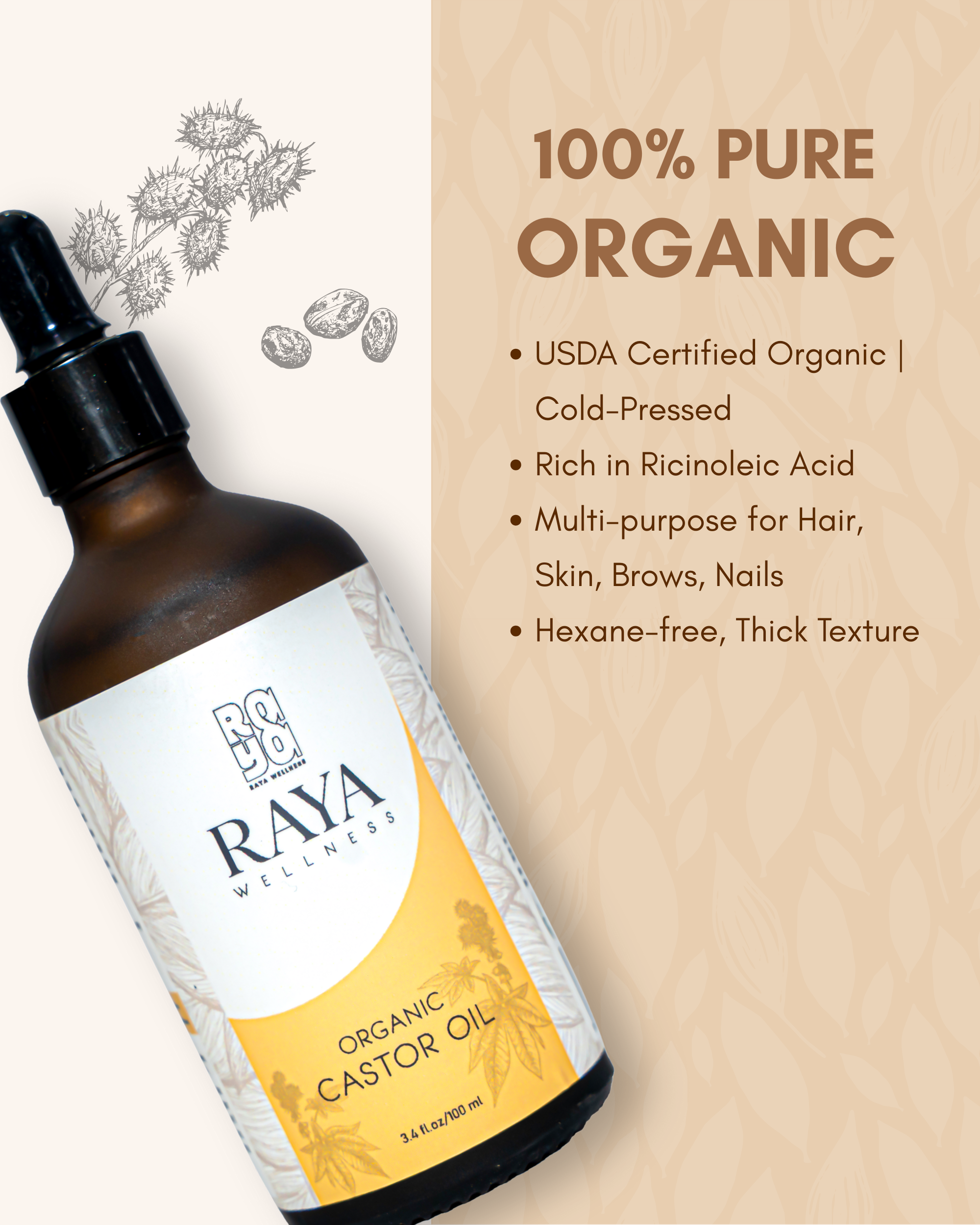 Pure Organic Castor Oil 100ml - Cold-Pressed Ricinus Communis Oil for Hair Growth & Skin Nourishment