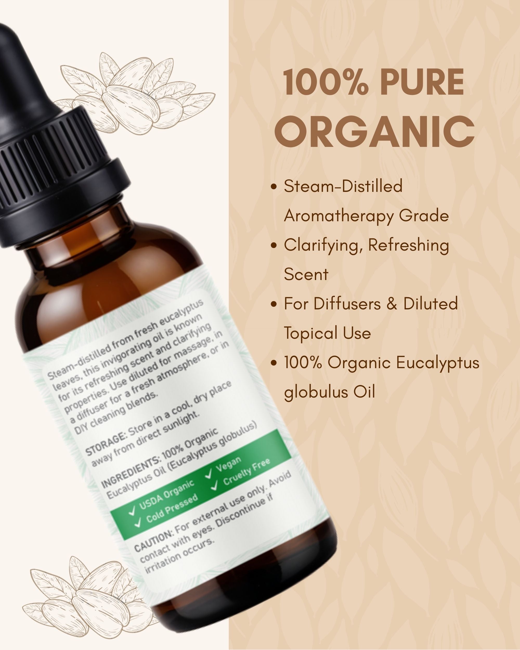 Raya Wellness Organic Eucalyptus Essential Oil – 2 fl oz (60 ml) | Steam-Distilled Aromatherapy | USDA Organic