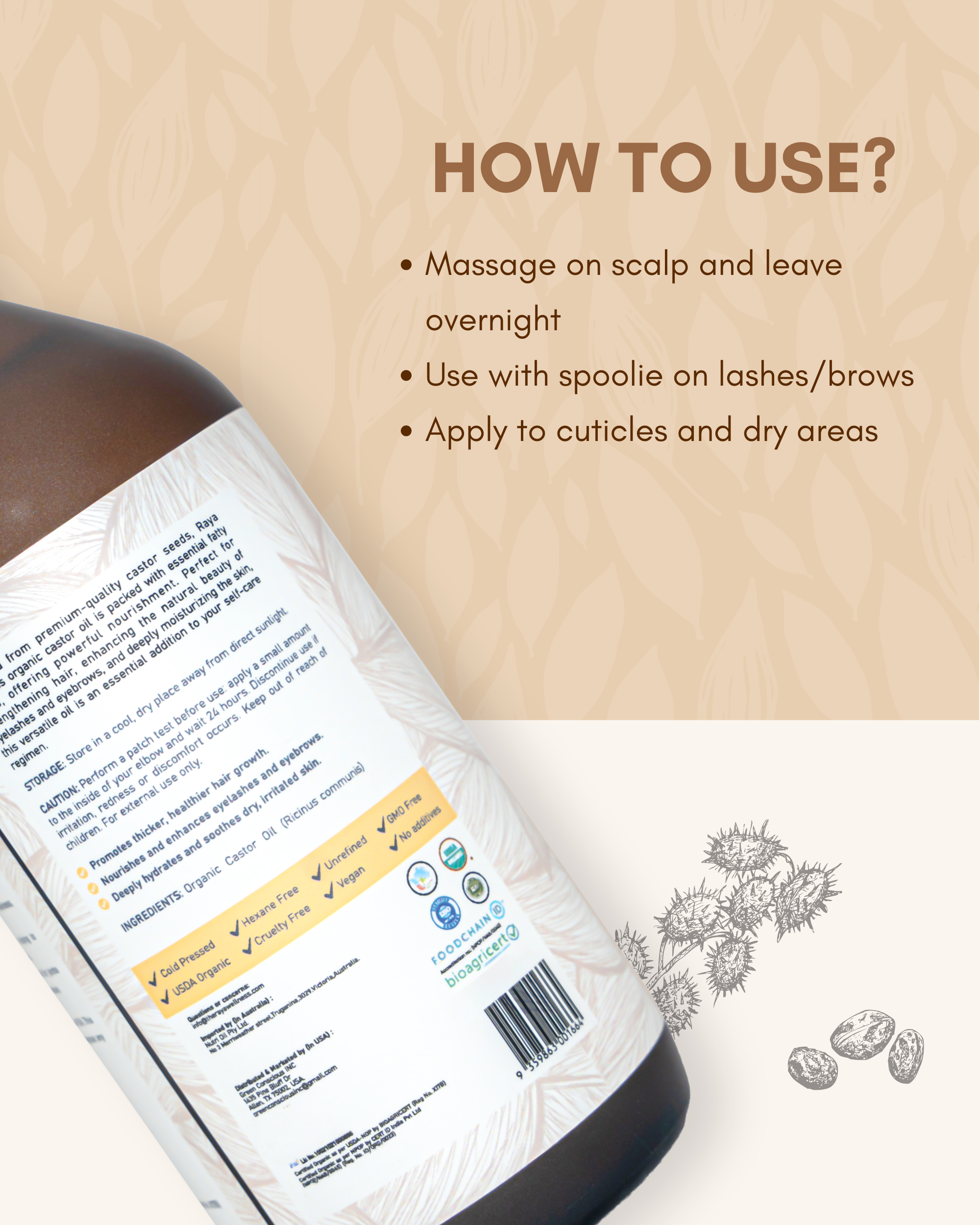 Pure Organic Castor Oil 100ml - Cold-Pressed Ricinus Communis Oil for Hair Growth & Skin Nourishment